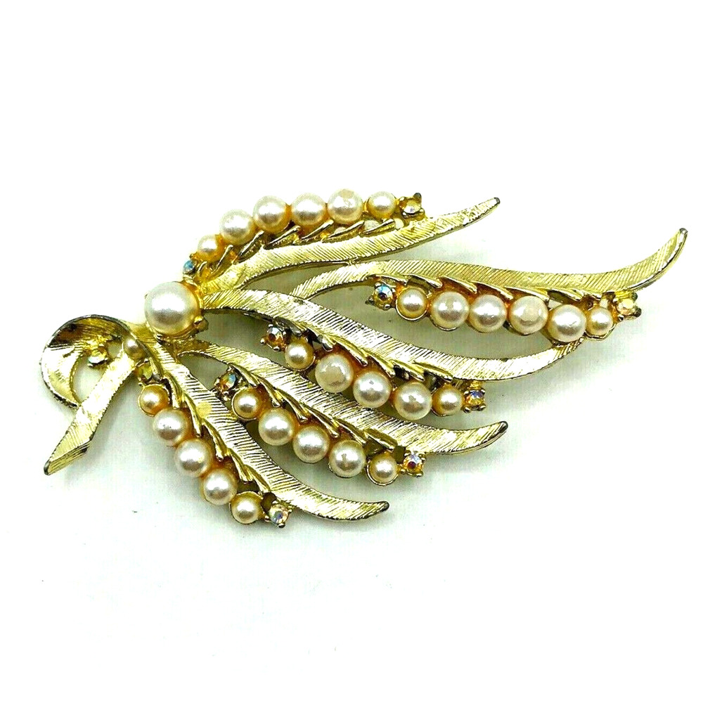Vintage Floral Leaf Brooch Pin Faux Pearls Rhinestones Gold Tone 3"